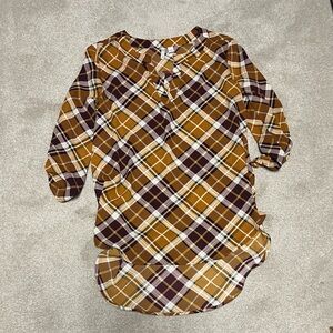 Cato Plaid Button-Up V-Neck Blouse Fall Gold and Brown